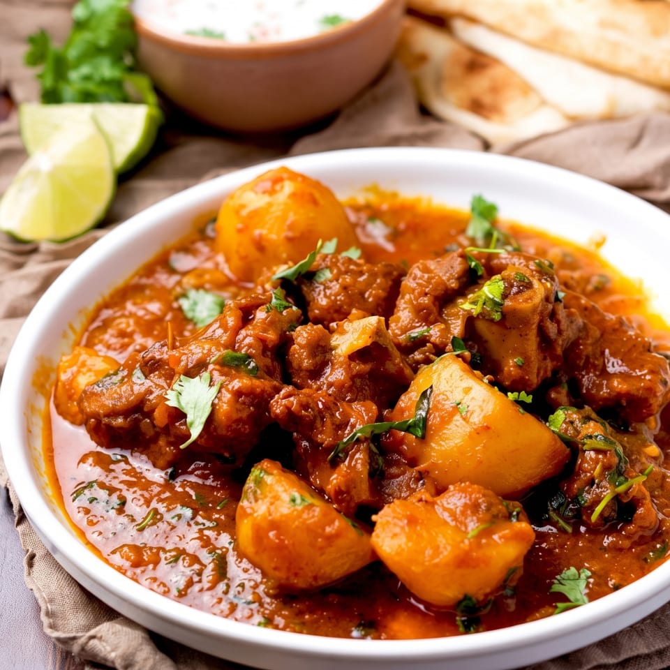 Bowl of rich Indian curry with chicken, potatoes, cilantro, lime wedges, naan, and yogurt sauce.