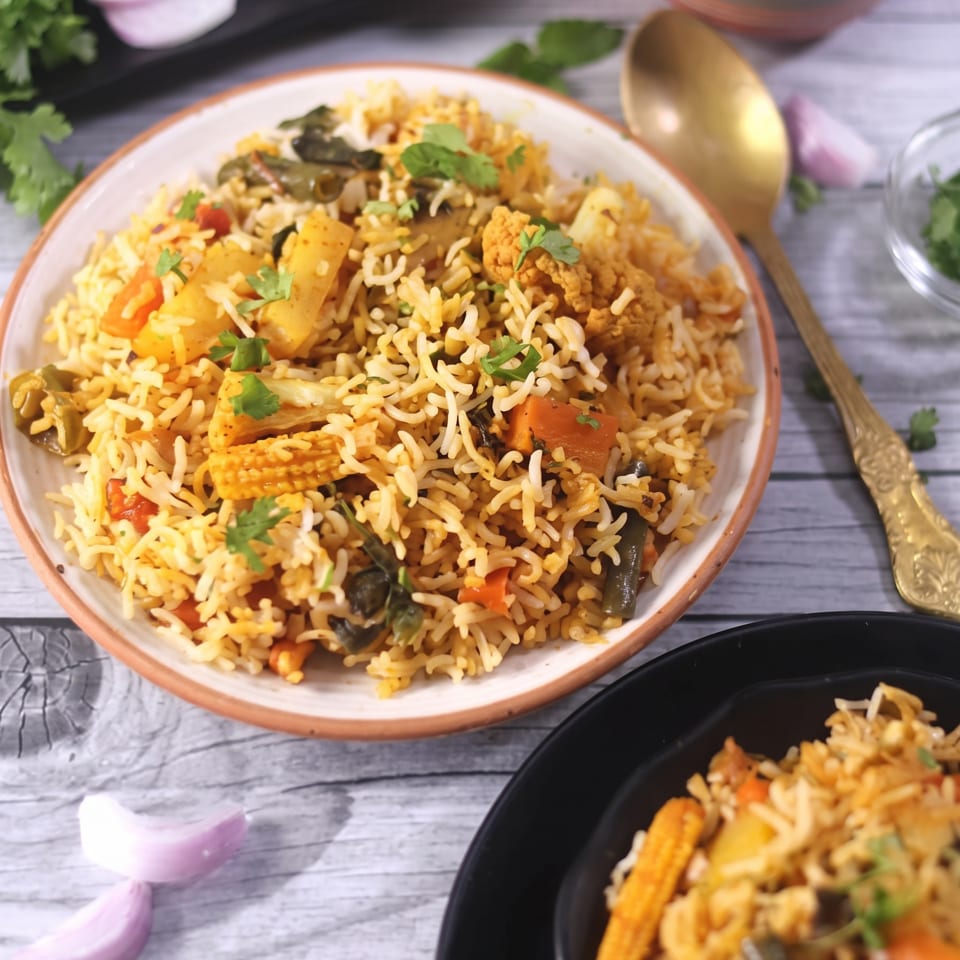 Vegetable biryani with spiced basmati rice, garnished with cilantro, served alongside yogurt and garnishes on a rustic table.