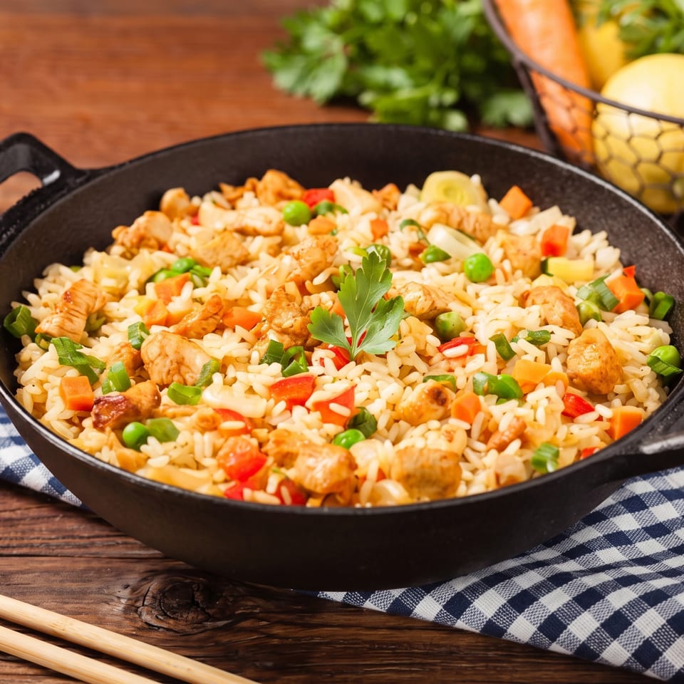 Skillet filled with chicken fried rice, peas, carrots, peppers, and green onions, garnished with parsley on a checkered cloth.