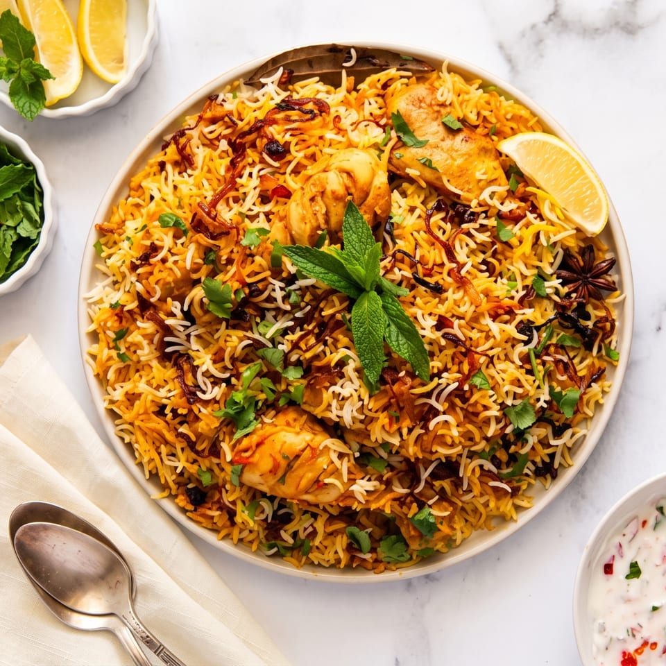 Overhead view of chicken biryani with spiced rice, mint, cilantro, fried onions, lemon wedges, and yogurt sauce.