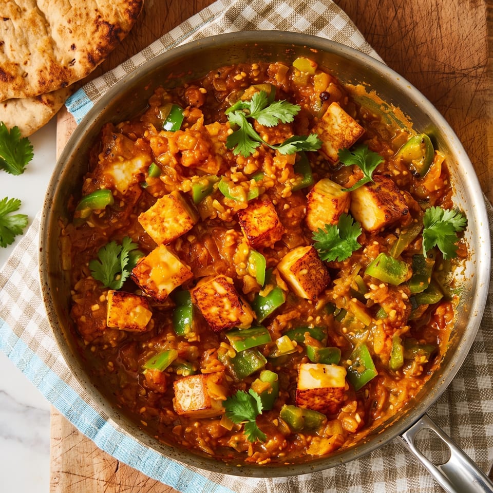 Overhead view of spicy paneer and bell pepper rice curry garnished with cilantro, served with naan on a wooden board.